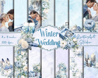 May include: A set of eight digital paper designs featuring a winter wedding theme. The papers feature a blue and white color scheme with floral designs, a wedding cake, candles, and a couple in a winter setting. The text "Winter Wedding" is featured on one of the papers. The papers are 8x8 inches and 300 dpi.