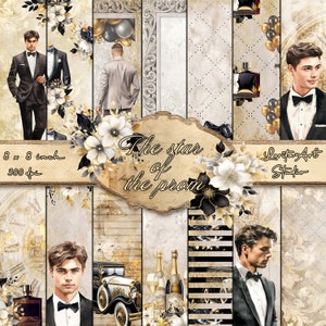 Puede incluir: Hoja de collage digital con un tema vintage que presenta a un hombre con esmoquin, un automóvil clásico, botellas de champán y detalles florales. El texto "The star of the prom" aparece en el centro de la hoja. La hoja mide 8 x 8 pulgadas y 300 dpi.