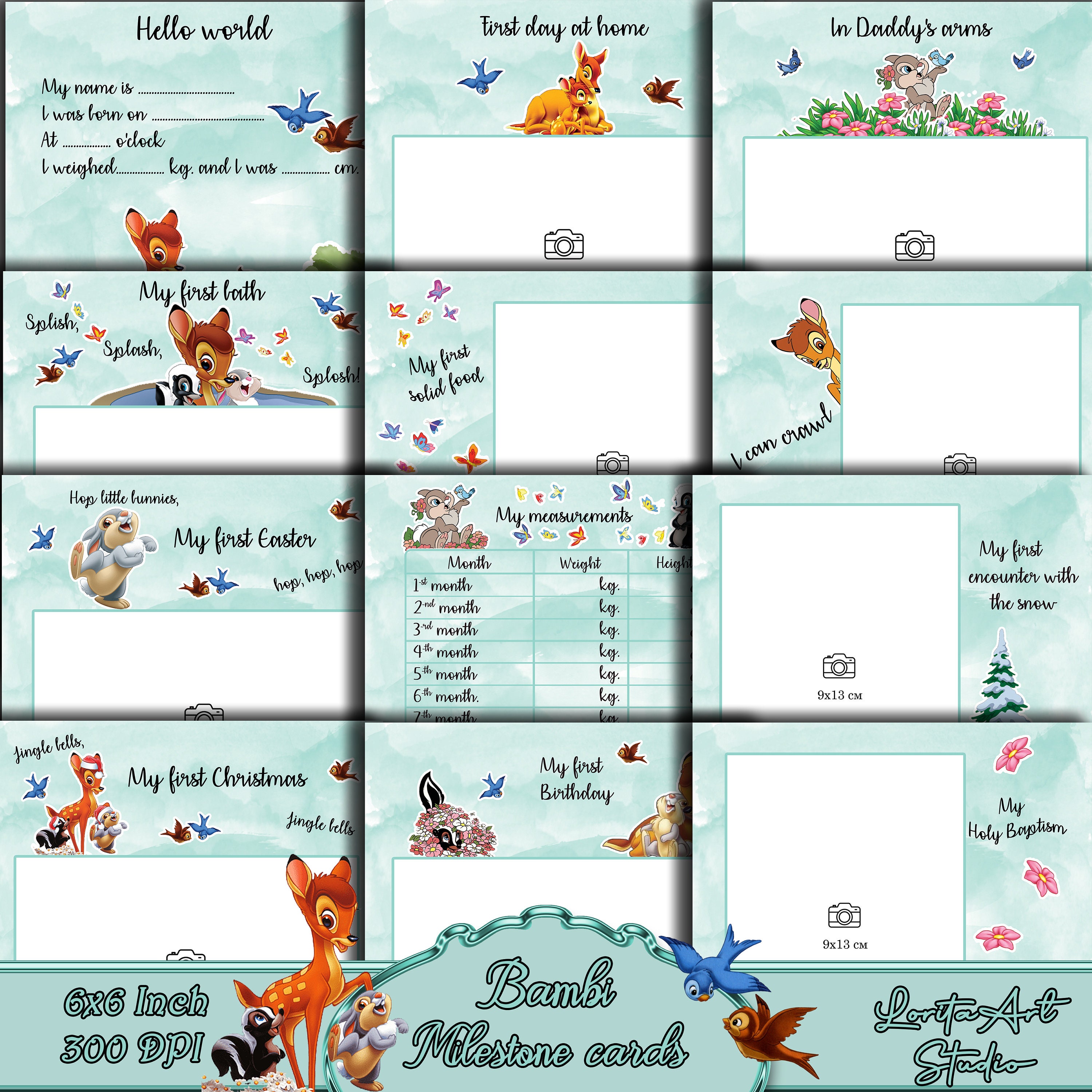 Bambi milestone cards, baby boy milestone cards, printable digital papers, Scrapbooking