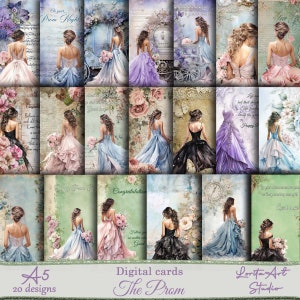 Las tarjetas Prom-girl, Tarjetas digitales Prom girl formato A5, Noche de graduación, Imprimible
