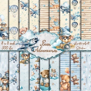 Bear Adventures, paquete de papel digital de bebé niño, colección de niño oso, imprimible, Baby Shower, Scrapbooking, papel digital Decoupage