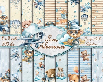 Bear Adventures , baby boy digital paper pack, bear boy collection, Printable, Baby Shower, Scrapbooking, Decoupage digital paper