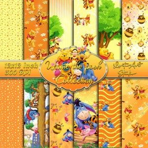 Collection numérique pour enfants Winnie l'ourson, pack de papier orange et jaune, imprimable pour enfants, Scrapbooking, papier numérique Decoupage