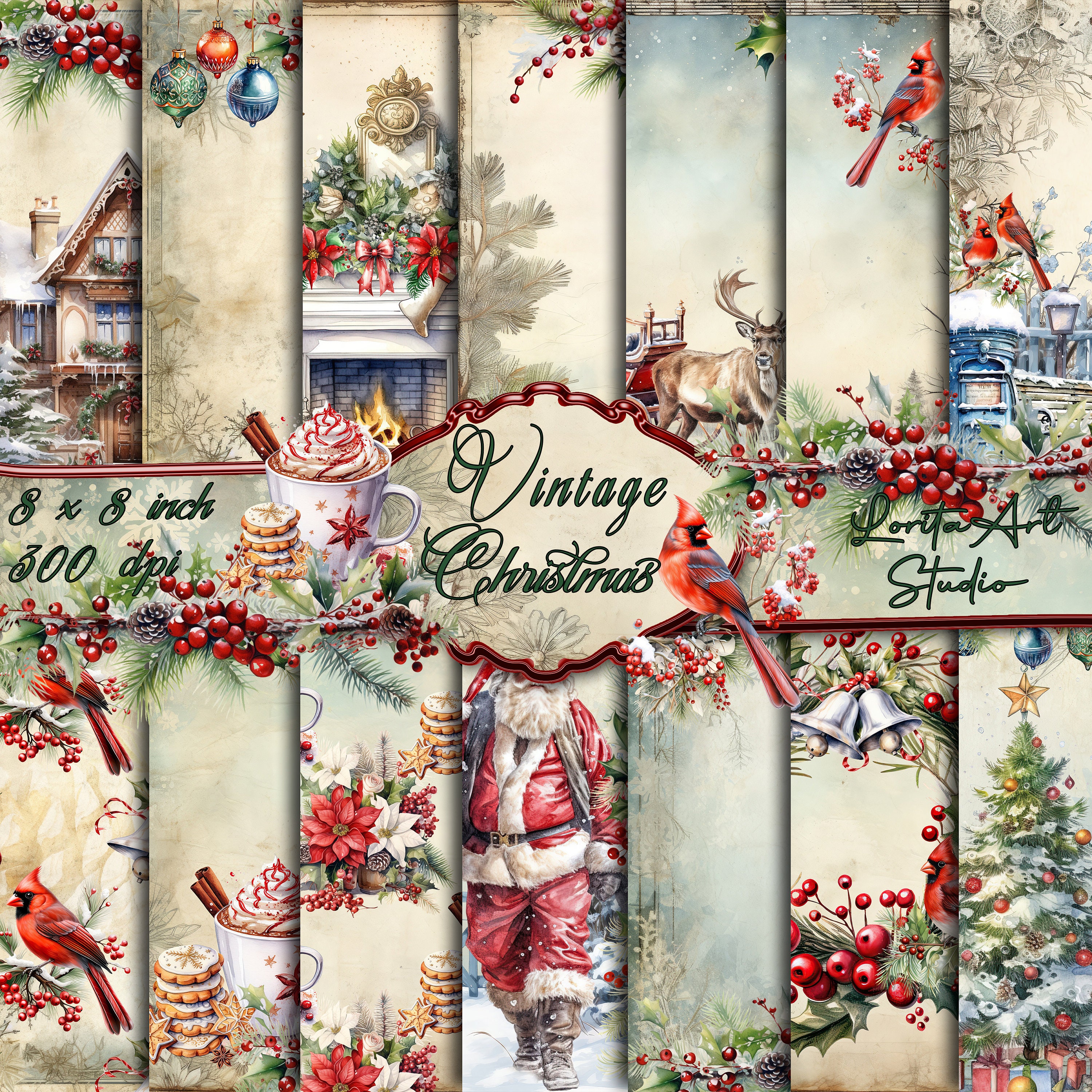 Vintage Christmas, Christmas digital papers, Xmas printable, Scrapbooking, digital paper, ephemera