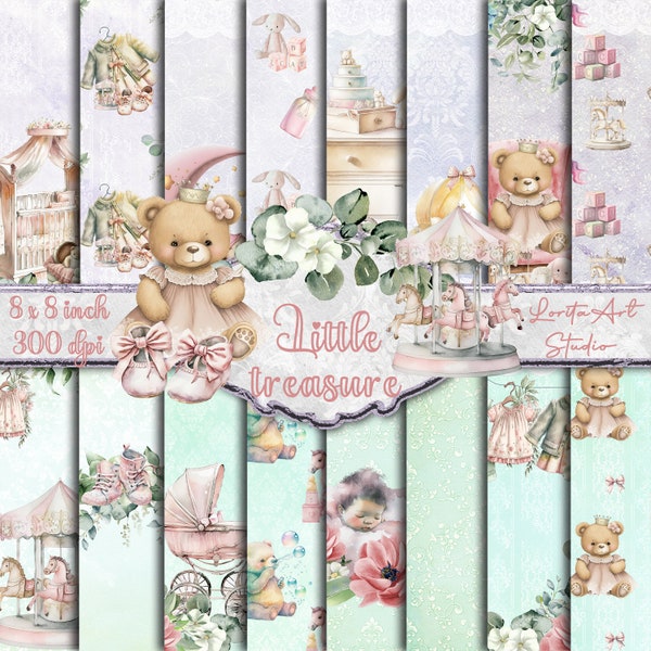 Petit trésor, pack de papier numérique bébé fille, collection fille nouveau-né, Imprimable, Baby Shower, Scrapbooking, Papier numérique Decoupage