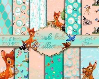 Bambi digital kids collection, Peach-pink & mint-blue paper pack, Kids printable, Scrapbooking, Decoupage digital paper