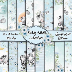 Cute baby zebra, baby boy digital paper pack, baby boy collection, Printable, Baby Shower, Scrapbooking, Decoupage digital paper