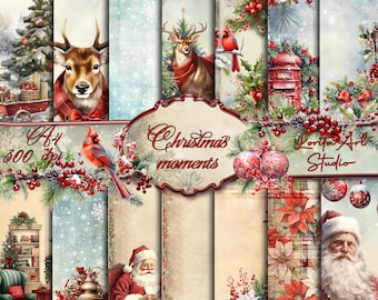Puede incluir: Una colección de papeles digitales con temática navideña con ilustraciones en acuarela. Los diseños incluyen ciervos, cardenales, Papá Noel, árboles de Navidad, adornos y follaje festivo. El texto "Christmas moments" y "Lorita Art Studio" son visibles.