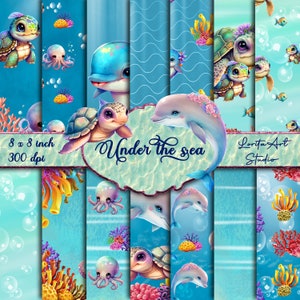 Sotto il mare, Ocean animals digital paper pack, Kids digital papers, Printable, Scrapbooking, Decoupage digital paper