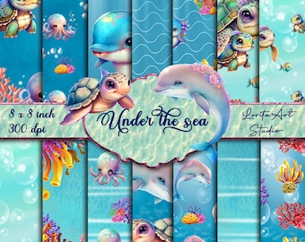 Under the sea, Ocean animals digital paper pack,  Kids digital papers,  Printable, Scrapbooking, Decoupage digital paper
