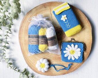 CROCHET KIT: Bloom & Go Daisy Bundle | Coin Purse, tissue cover, bag charm, crochet plant, amigurumi daisy, craft fair bundle, crochet gifts