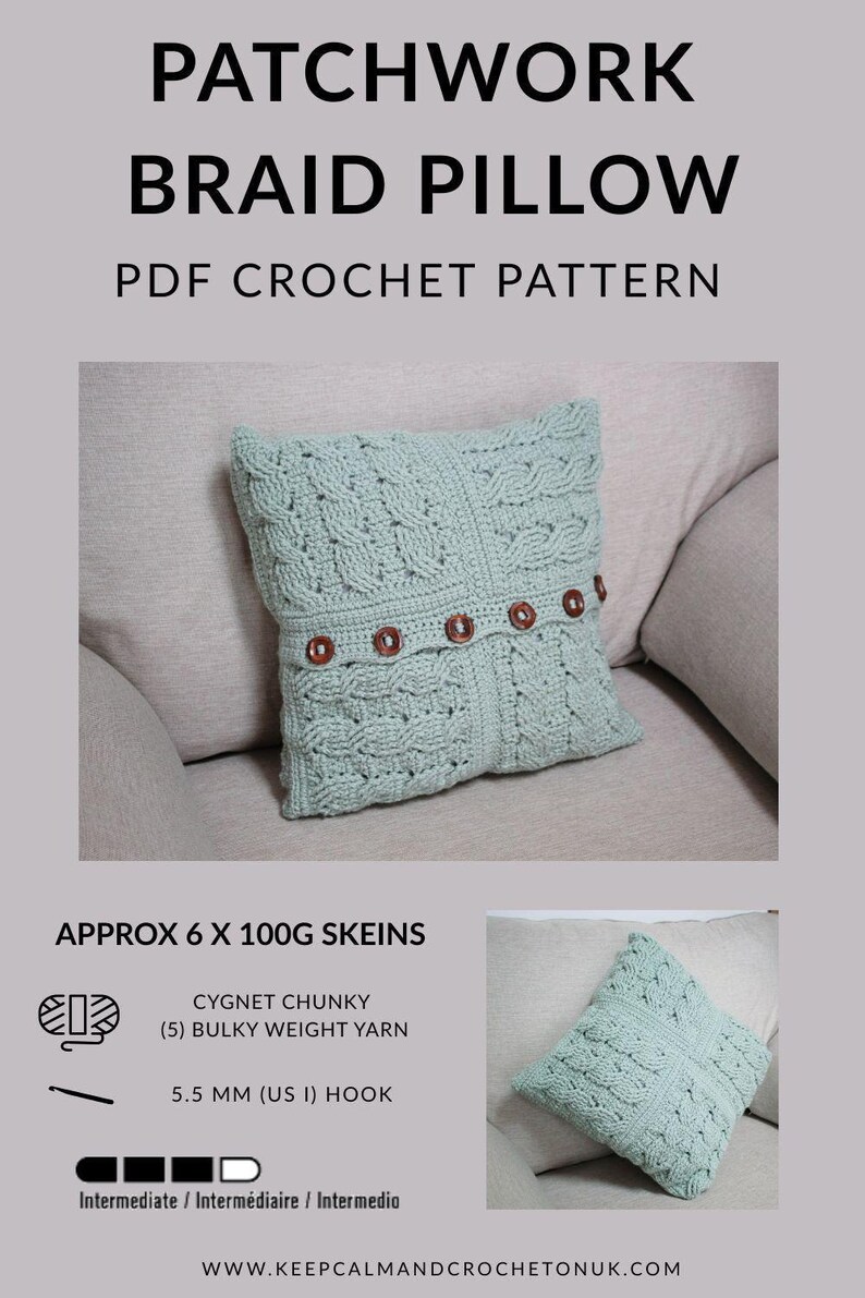 CROCHET PDF PATTERN: Patchwork Braid Pillow | Crochet cushion pattern, chunky crochet cushion, crochet pillow, crochet cables, cabled pillow