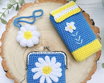 CROCHET PDF PATTERN: Bloom and Go Daisy Bundle | Coin purse, crochet purse, crochet tissue cover, crochet daisy bag charm, crochet accessory