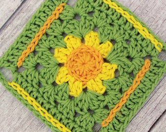 CROCHET PDF PATTERN: Summer Lawn Granny Square | Crochet blanket, crochet square motif, crochet flower, afghan block, crochet pattern,