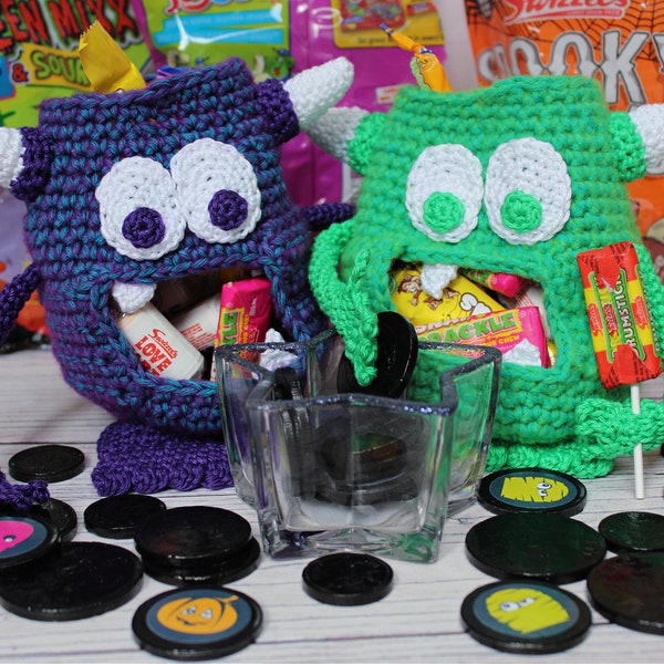 CROCHET PDF PATTERN: Sweet Treat Eaters | Crochet monster pattern, amigurumi monster, fun crochet, crochet container, crochet halloween