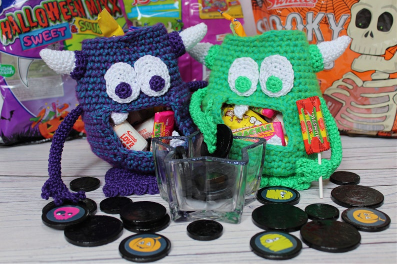 CROCHET PDF PATTERN: Sweet Treat Eaters Crochet monster pattern, amigurumi monster, fun crochet, crochet container, crochet halloween image 1