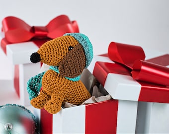 CROCHET PDF PATTERN:  | Dachshund Thru' the Snow pattern, crochet dachshund dog, Amigurumi Sausage Dog, fun amigurumi, Christmas Crochet,