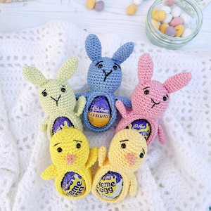 CROCHET PDF PATTERN: Easter Belly Buddies | Easter bunny, crochet rabbit, crochet chick, Easter crochet, Easter egg cosy, Easter egg cozy