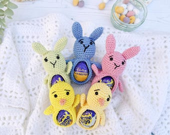 CROCHET PDF PATTERN: Easter Belly Buddies | Easter bunny, crochet rabbit, crochet chick, Easter crochet, Easter egg cosy, Easter egg cozy