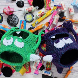 CROCHET PDF PATTERN: Sweet Treat Eaters Crochet monster pattern, amigurumi monster, fun crochet, crochet container, crochet halloween image 2