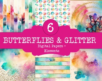 Printable Paper,  Butterflies and Glitter, Paper and Elements, Tags, Scrapbooking, Art Journal, Bible Journaling, Art Kit,
