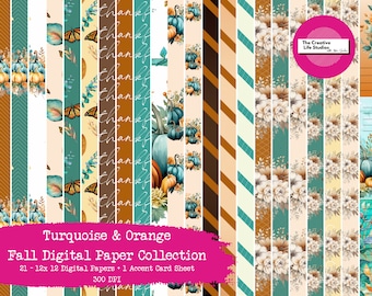 Fall Digital Paper Pack: Turquoise, Orange Pumpkins, Floral (Seamless Patterns)