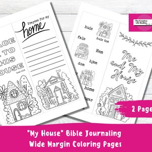 Puede incluir: Dos páginas para colorear en blanco y negro con ilustraciones de casas y texto. Una página dice "Peace be to this house" y "Prayers for my home". La otra página dice "Me and My House". Las páginas están etiquetadas como "2 Page PDF".