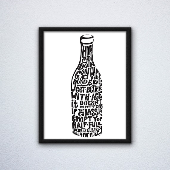Word Art Wine Bottle Wall Decor Handdrawn Art Wine Art Wine Etsy