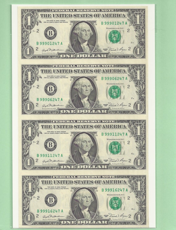 Vintage Genuine Uncut Sheet of Four One Dollar Bills Legal to Own Over 30  Years Old Perfect Condition 