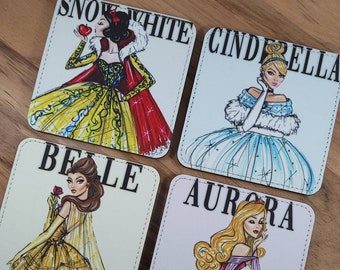 Fashion Princess Coasters- Set of 4- Snow White, Belle, Cinderella, Sleeping Beauty -Special Orders Welcome- Sandstone or Polyleather
