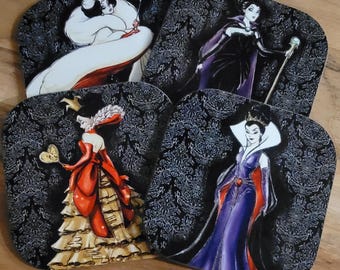 Villains Coasters- Set of 4- Villains, Cruella, Maleficent, Evil Queen Ursula -Special Orders Welcome- Sandstone or Hardboard