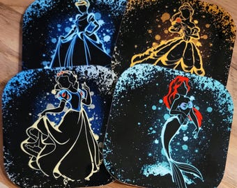 Silhouette Princess Coasters- Set of 4- Snow, Belle, Ella, Ariel - Special Orders Welcome- Sandstone or Hardboard