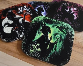 Villains Coasters- Set of 4- Villains, Cruella, Maleficent, Evil Queen Ursula -Special Orders Welcome- Sandstone or Hardboard