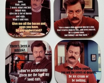 Ron Swanson Food Quotes: Parks and Rec Quote Coasters - Set of 4 Sandstone or Hardboard