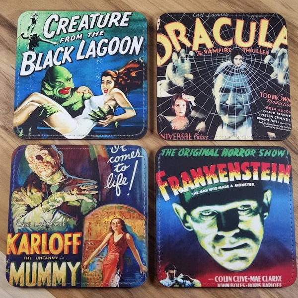 Old Movies Vintage Style Coasters- Set of 4 -Special Orders Welcome- Sandstone or Polyleather - Classic Horror