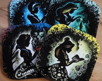 Silhouette Princess Coasters- Set of 4- Snow, Belle, Ella, Ariel - Special Orders Welcome- Sandstone or Hardboard