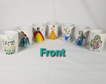 Princess Shot Glasses: Choose one or Set of 7 - Belle, Snow White, Jasmine, Elsa, Cinderella, Aurora, Tinkerbell