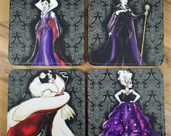 Villains Coasters- Set of 4- Villains, Cruella, Maleficent, Evil Queen Ursula -Special Orders Welcome- Sandstone or Polyleather