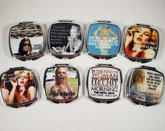 Fun Mirror Compacts - Select 1 - Bridesmaid Gifts, Wedding Party, Marilyn Monroe, Bucky, Superhero, makeup quotes