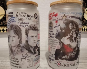 One 16 oz Glass Can Vampire Diaries - Mystic Falls, Salvatore, Damon, Stefan, Klaus -Special Orders Welcome