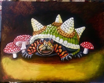 Original oil painting of turtle in Bowser sweater