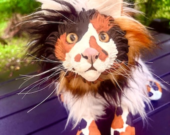 Calico cat plush art doll with clay head