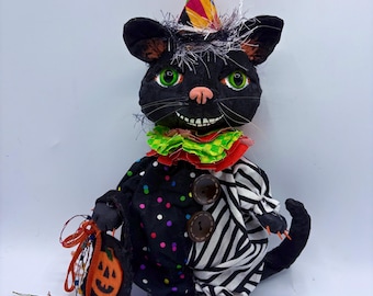 handmade Halloween clown kitty art doll