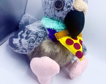 Handmade plush pigeon with detachable pizza slice