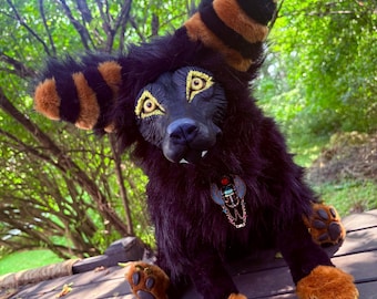 Plush Anubis art doll with sculpted face
