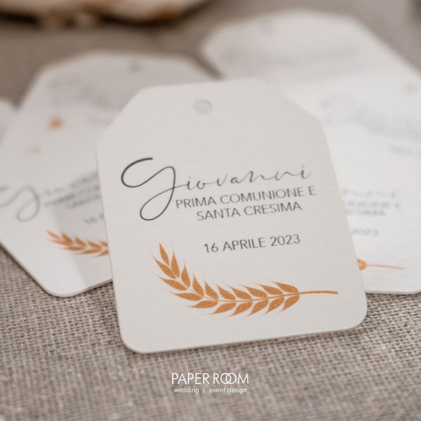 Etiquetas para Primeira Comunhão, Crisma com gráficos de espigas de trigo, etiquetas personalizadas, cartões de confete, cartões de agradecimento