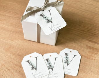 Favor tags with initials and eucalyptus sprig – Personalized tags for First Communion, Confirmation, Baptism, and other events