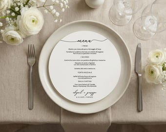 Round personalized wedding menu | Elegant, minimal single-seat menu | Modern wedding table stationery | Refined wedding print