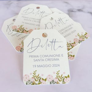 Tags for First Communion, Confirmation with pink flower graphics, personalized tags, confetti cards, thank you cards