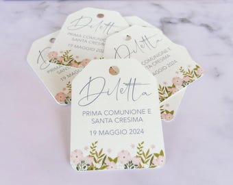 Tags for First Communion, Confirmation with pink flower graphics, personalized tags, confetti cards, thank you cards